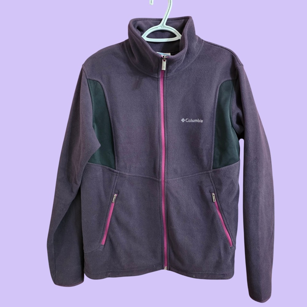 Columbia‎ Womens XL Fleece Jacket Full Zip Purple Black Pink Trim Outdoor Layer